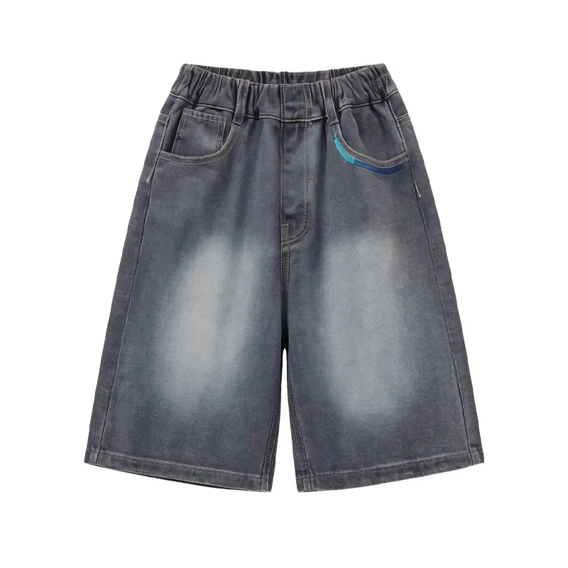 New Summer Boys' Gradient Denim Shorts Teen Childen American Streetwear Brand Short Pants Trendy Kids Casual Knee-Length Jeans