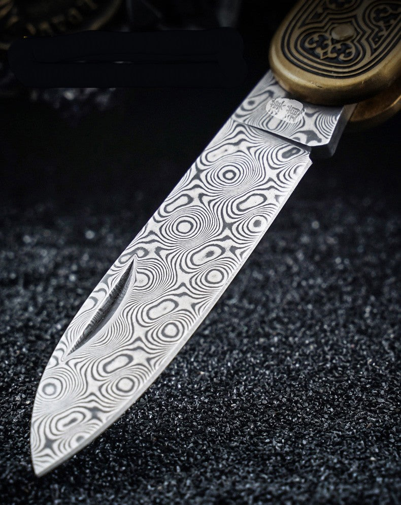 Han Dao Totem Pocket Knife Damascus Steel Rose Pattern Folding Mini Portable Knife