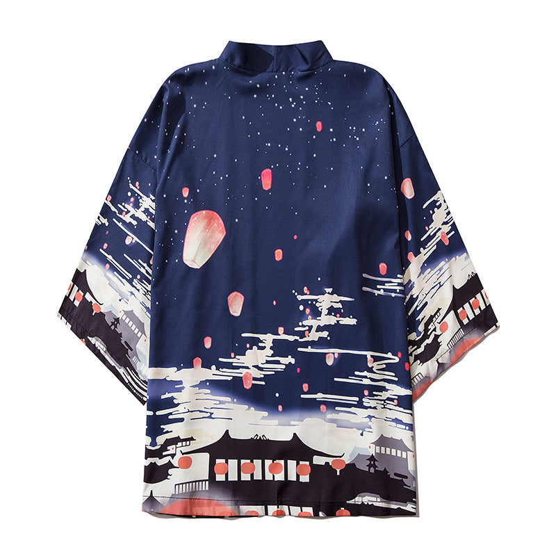 Ukiyo-e Sky Lantern Retro Cardigan Kimono Bathrobe Loose Chinese Style