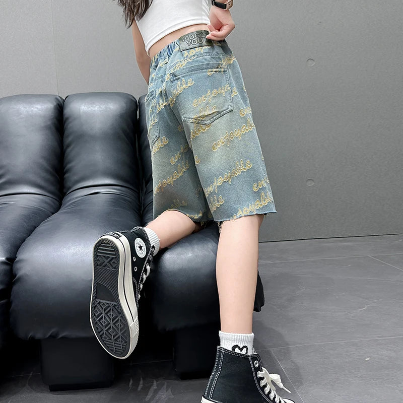 Kids Summer Letter Rippedd Denim Shorts for Teens Girl Loose Luxury Shorts 3d Letter Casual Harajuku Jeans Capris Pants 5-14 Y