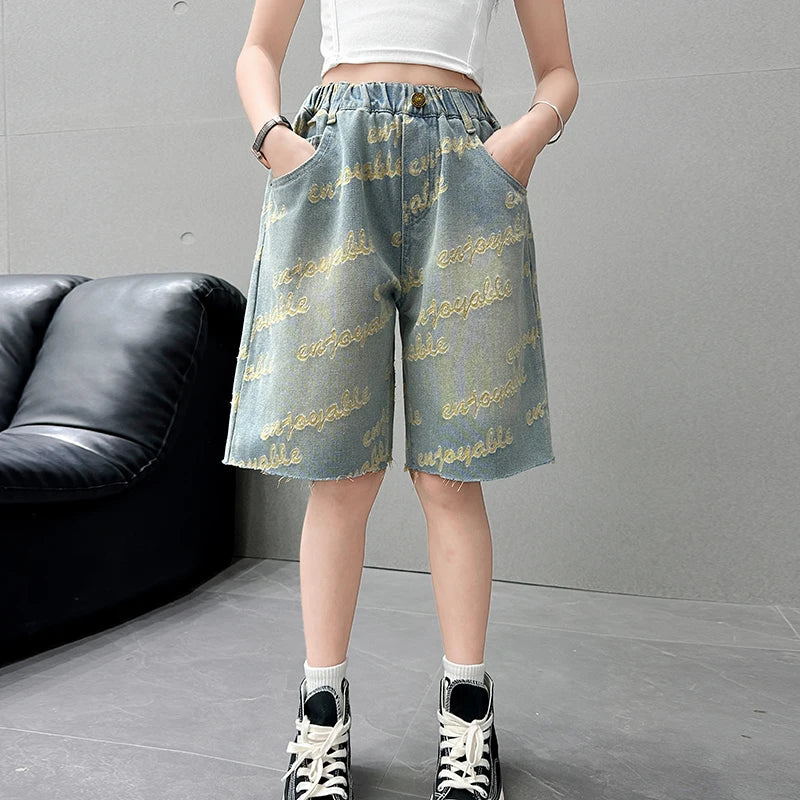 Kids Summer Letter Rippedd Denim Shorts for Teens Girl Loose Luxury Shorts 3d Letter Casual Harajuku Jeans Capris Pants 5-14 Y