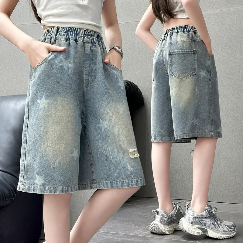Kids Child Retro Gothic Y2K Knee Length Ripped Denim Shorts With Star Print for Teenage Girl Fashion Casual Mid-Calf Jeans Capri