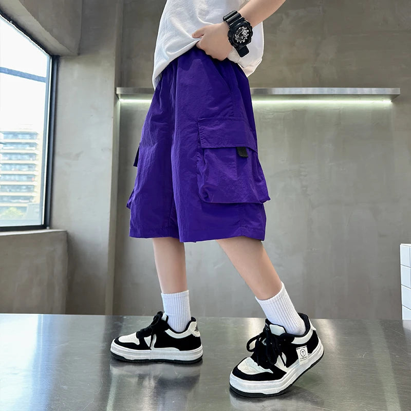 Elegant Kids Black Purple Color Cargo Short with Big Pocket for Teens Boy Casual Short Cargo Pants Tweens Child Summer Bottoms
