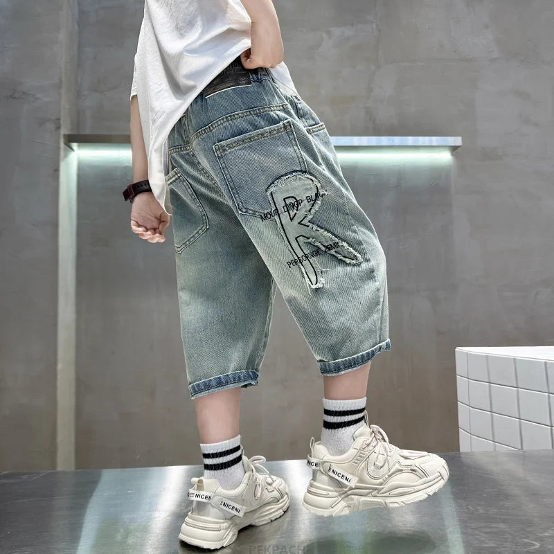 New Kids Designer Summer Capris Shorts For Boys Cartoon Print Denim Shorts Jeans Teens Child Casual Mid-Calf Pants Bottoms 5-14Y