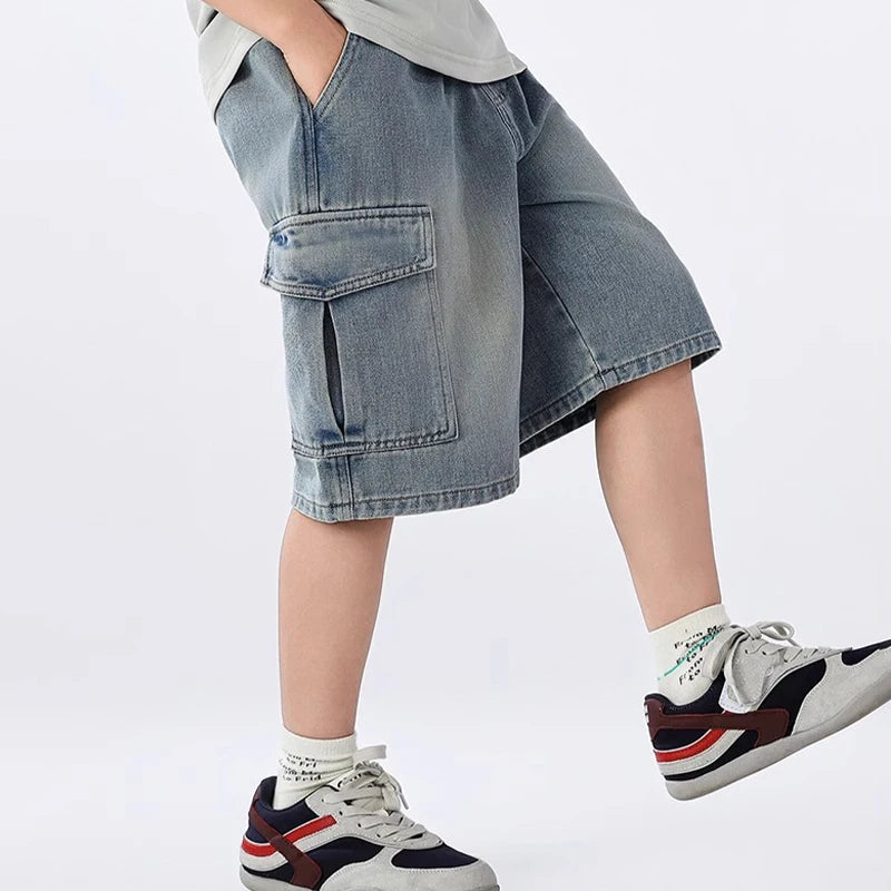 Summer Teen Boys Denim Shorts Fashion Solid Color Big Pocket Thin Jeans Pants For 4-14 Years Kids Children Casual Trousers