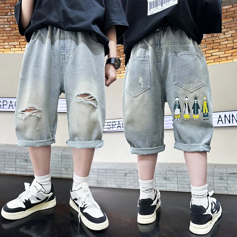 New Summer Kids Child Ripped Denim Shorts With Cartoon Print For Teens Boys Fashion Casual Broken Jeans Capris Pants with Holes