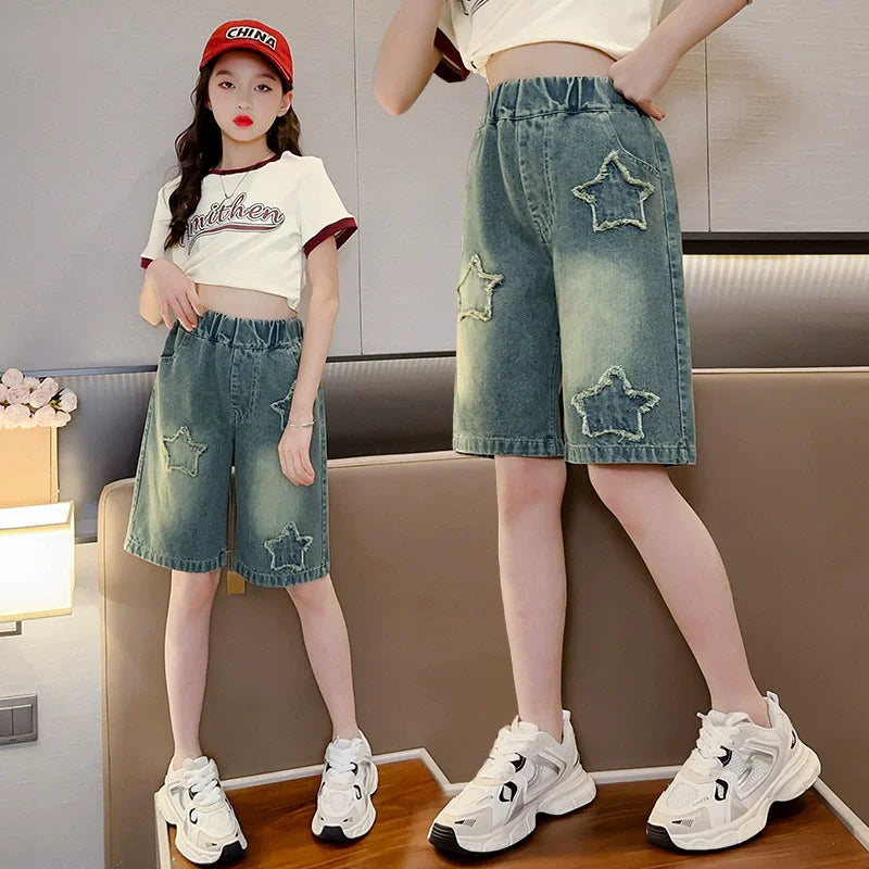 Girls Denim Shorts Summer Casual Loose Jeans Children Wide Leg Short Pants Teen High Waist Straight Trousers 5-14 Years