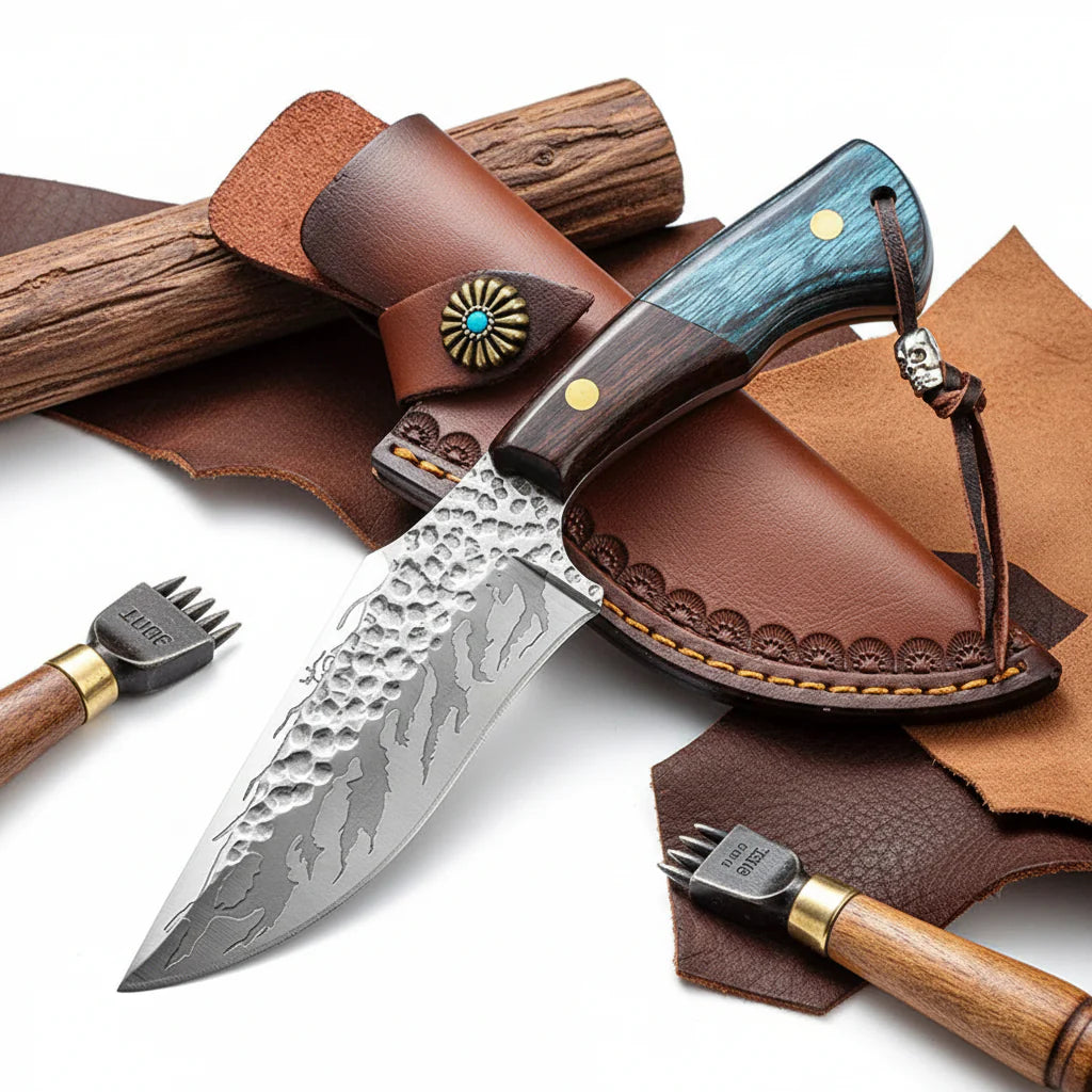 Damascus outdoor fixed blade knife Outdoor Knife with Leather Sheath