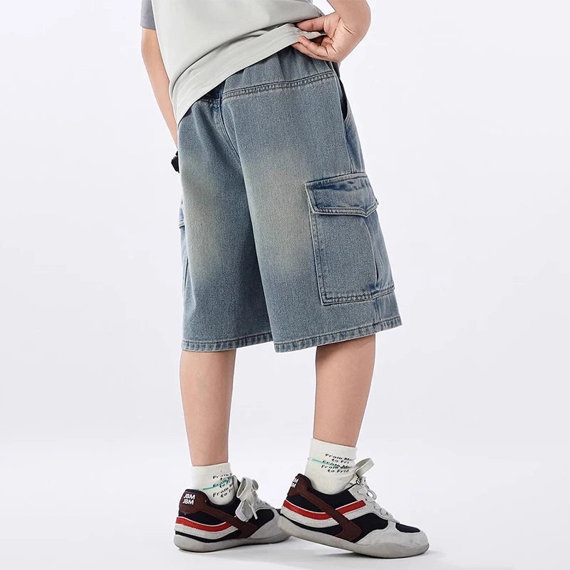Summer Teen Boys Denim Shorts Fashion Solid Color Big Pocket Thin Jeans Pants For 4-14 Years Kids Children Casual Trousers