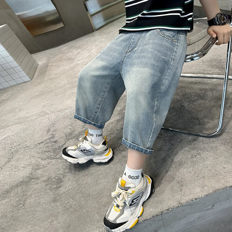 New Summer Kids Denim Shorts with Pockets For Teens Boys Slim Fit Mid-Calf Jeans Pants Teenage Child Causal Capris Shorts 5-14T