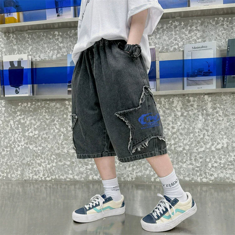 Teen Children's Shorts 2025 Summer New Kids Denim pants thin pants large children loose Boys with five Quarter pants 4-15Years