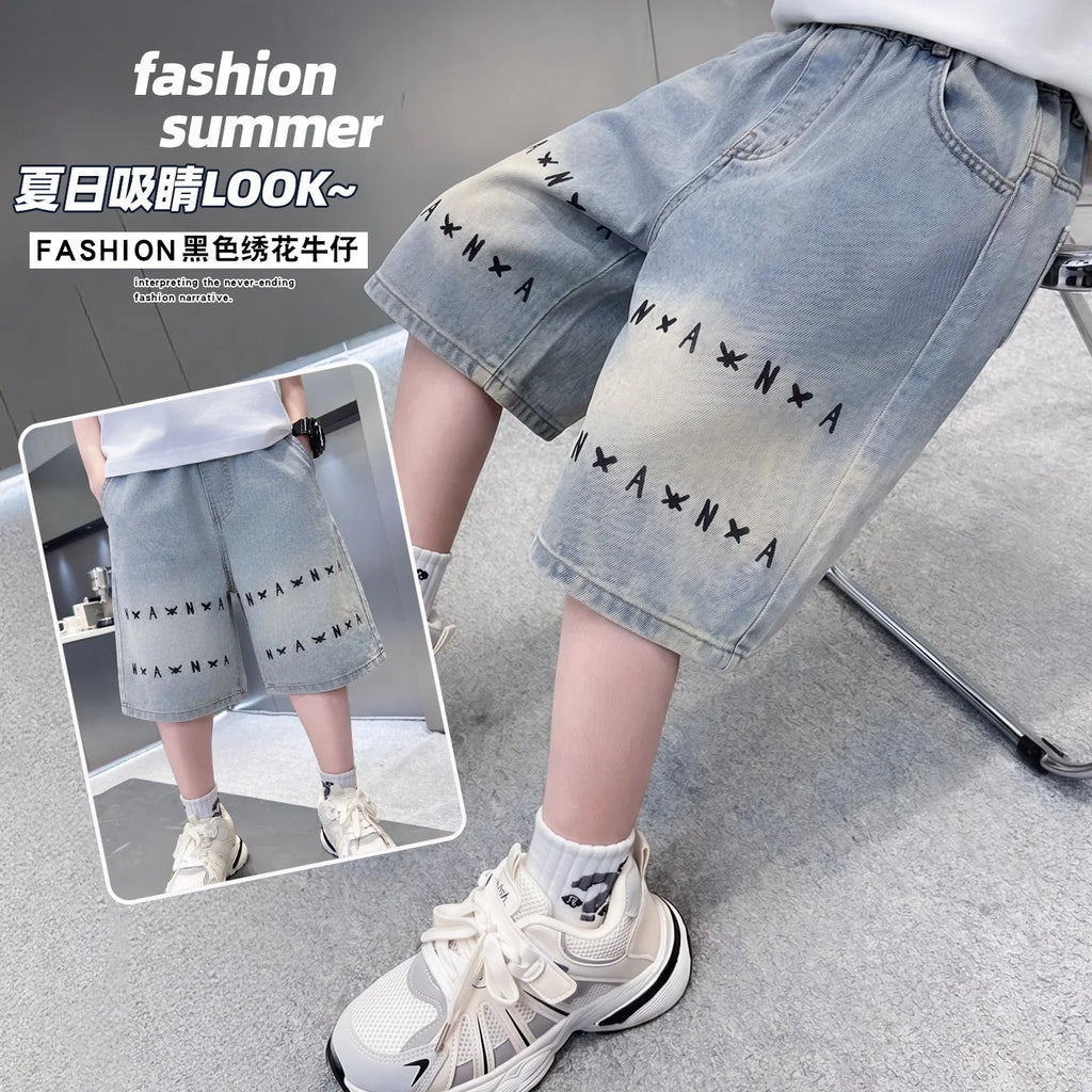 Boys letter Denim Shorts Teen Boys Casual Knee-Length Jeans Teenage Child Blue Denim With Y2K Fashion Style Trousers Ages 5-14Y