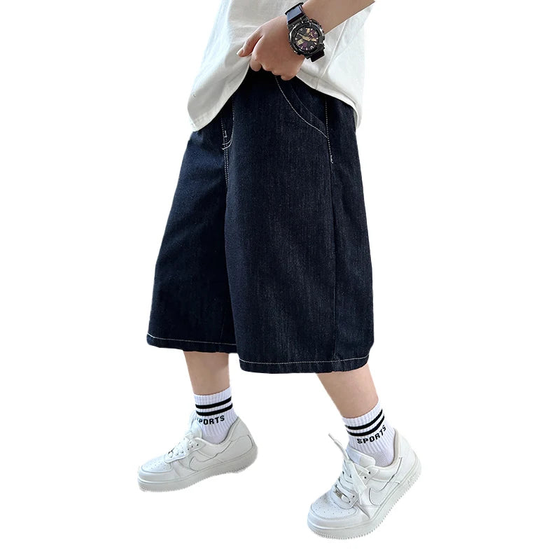 Teenage Child Black Denim With Y2K Fashion Style Trousers Toddler Age 4-14Y Boys Denim Shorts Teen Boys Casual Knee-Length Jeans
