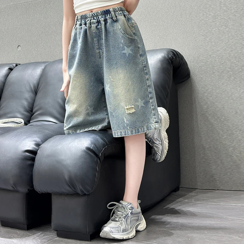 Kids Child Retro Gothic Y2K Knee Length Ripped Denim Shorts With Star Print for Teenage Girl Fashion Casual Mid-Calf Jeans Capri