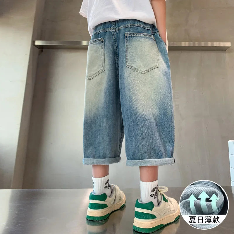 Kids Denim Shorts Teen Boys Casual Knee-Length Jeans Teenage Child Blue Denim With Letter Embroidery Trousers Toddler Ages 4-14Y