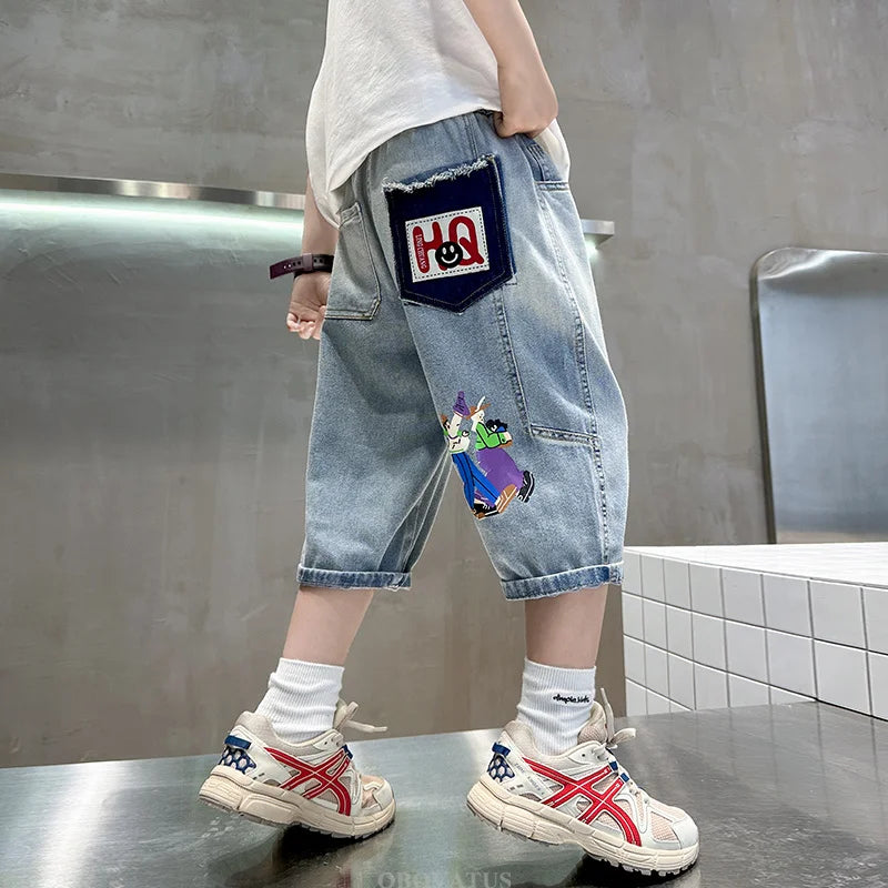 New Fashion Kids Denim Shorts For Boys Summer Hot Sale Cartoon Capris Jeans Teens Children Casual Shorts Bottom Mid-Calf Pants