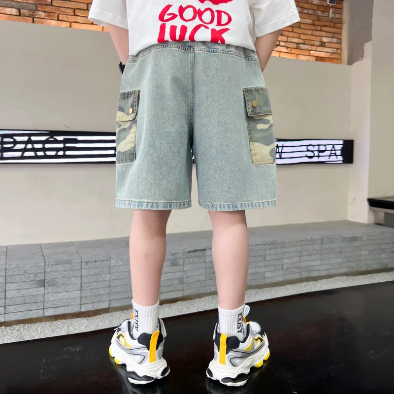 2025 New Summer Kids Child Fashion Jeans Shorts with Camouflage Pocket for Teens Boy Casual Straight Fit Denim Camo Shorts
