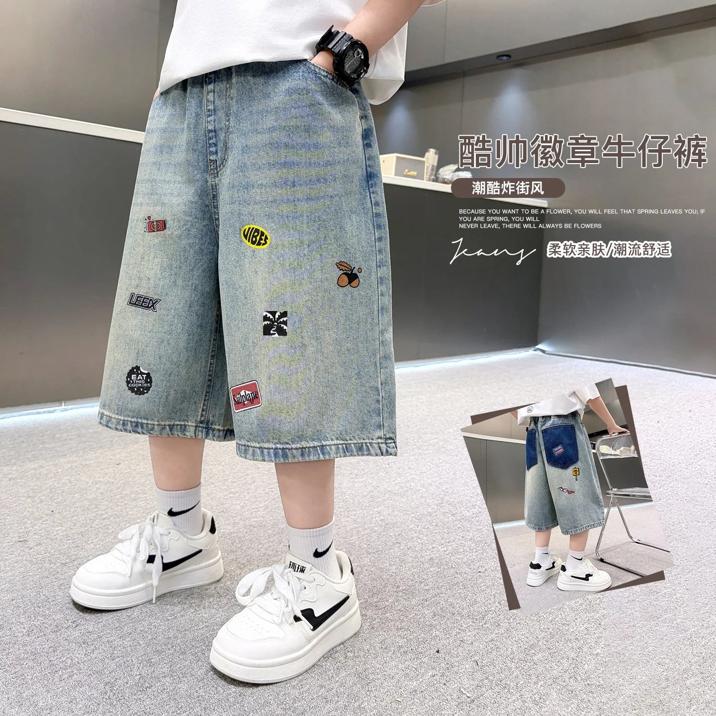 Elegant Kids Boy Summer Denim Shorts High Quality Trendy brand Children Casual Shorts Bottoms Mini Jeans With print  For Teen