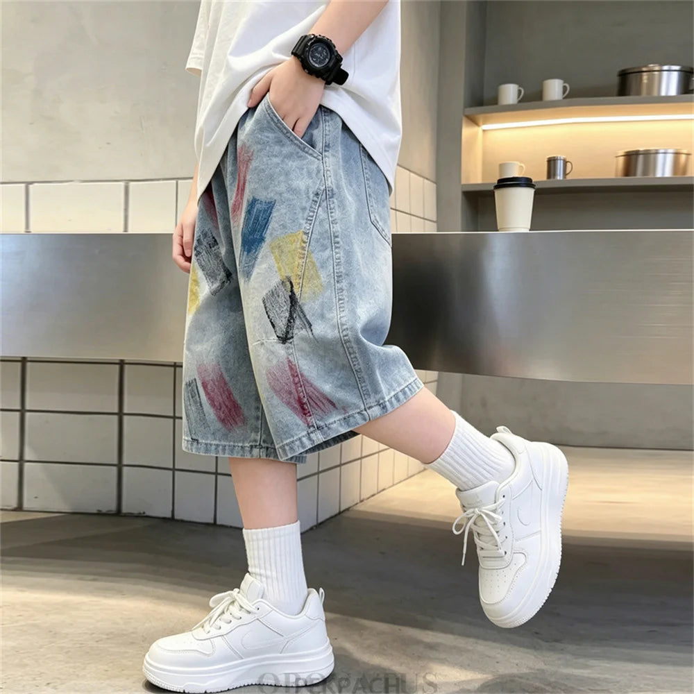 Summer Children Graffiti Print Baggy Denim Shorts for Teen Boys Streetwear Bottoms Kids Casual Knee Length Shorts With Drawings