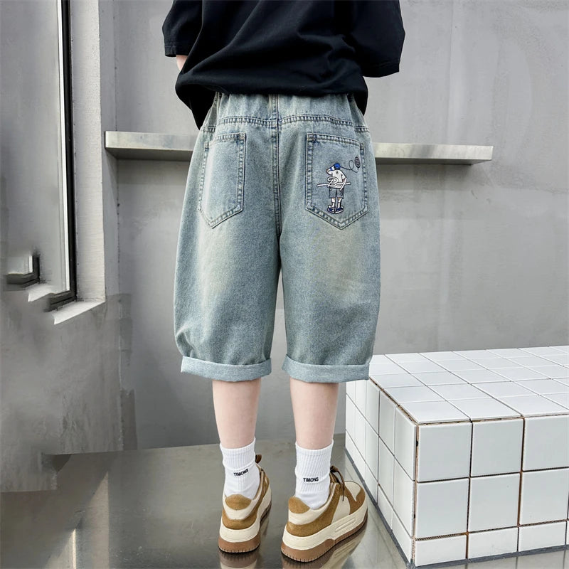 Hot Sale Kids Designer Summer Denim Shorts Pants for Teens Boy Casual Mid-Calf Jeans Solid Color Child Fashion Short Pants 5-14Y