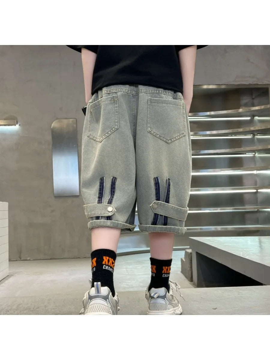 Korean Kids Boy Loose Straight Casual Jeans Shorts Child Blue Denim Shorts 4-14Y Junior Bottoms Summer Clothes for Teen Boys
