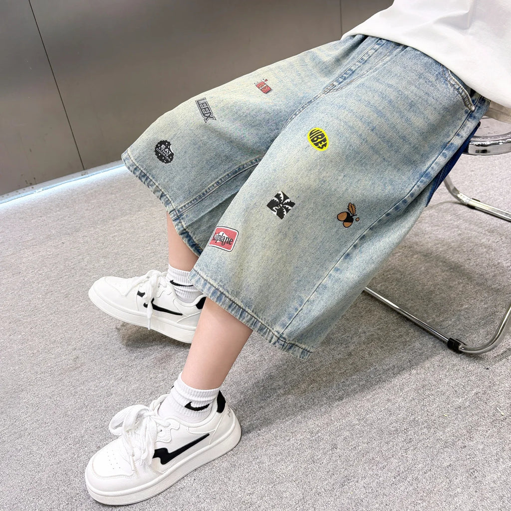 Elegant Kids Boy Summer Denim Shorts High Quality Trendy brand Children Casual Shorts Bottoms Mini Jeans With print  For Teen