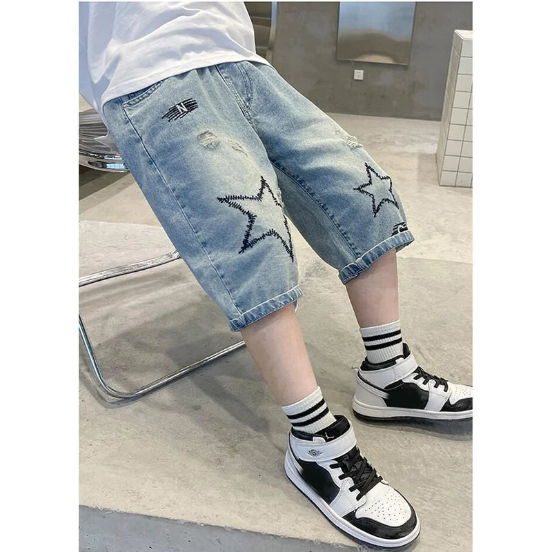 Summer Boys Jeans Shorts Five-pointed Star Print High Waist Ripped Denim Shorts For 5-12 Years Teen Kids Casual Knee Length Pant