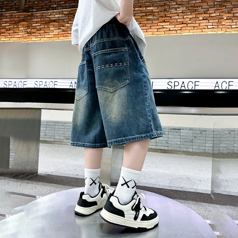 Teenage Child Blue Denim With Y2K Fashion Style Trousers Toddler Ages 4-14Y Boys Denim Shorts Teen Boys Casual Knee-Length Jeans