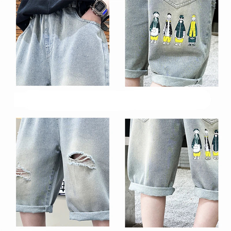 New Summer Kids Child Ripped Denim Shorts With Cartoon Print For Teens Boys Fashion Casual Broken Jeans Capris Pants with Holes