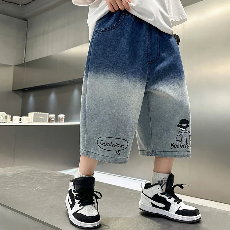 Elegant Kids Summer Blue Gradient Denim Shorts for Teens Boy New Fashion Street Style Knee Length Jeans Shorts 5 7 9 11 13 14 Y