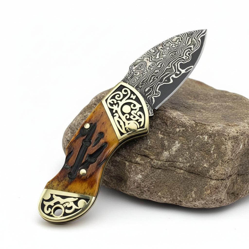 Damascus Steel Folding Knife – Brown Bone & Brass Handle Pocket Knife for Men | EDC Gift Knife