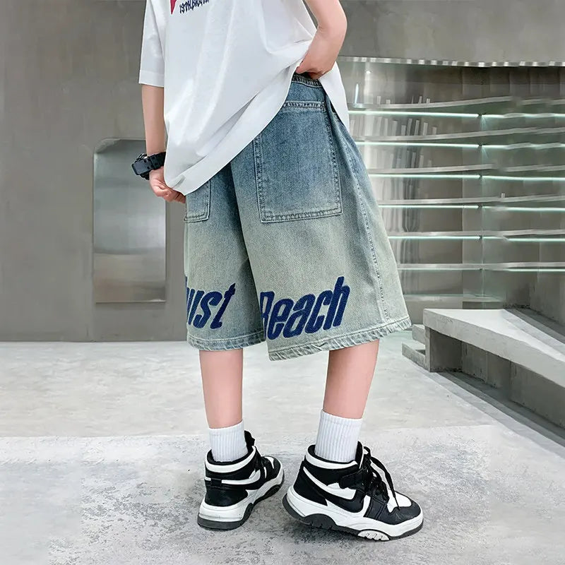 UNITIM Summer Junior Boys Shorts Cotton Letter Print Children Boys Denim Shorts Handsome 3-14Y Kids Boys Shorts Teens Boy Jeans