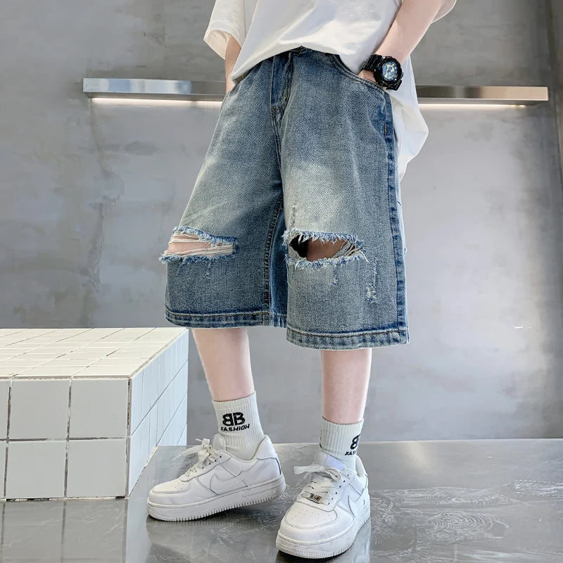 Loose Style Teen Boys Casual Ripped Denim Shorts with Holes Kids Causal Summer Broken Shorts Child Baggy Destroyed Short Jeans