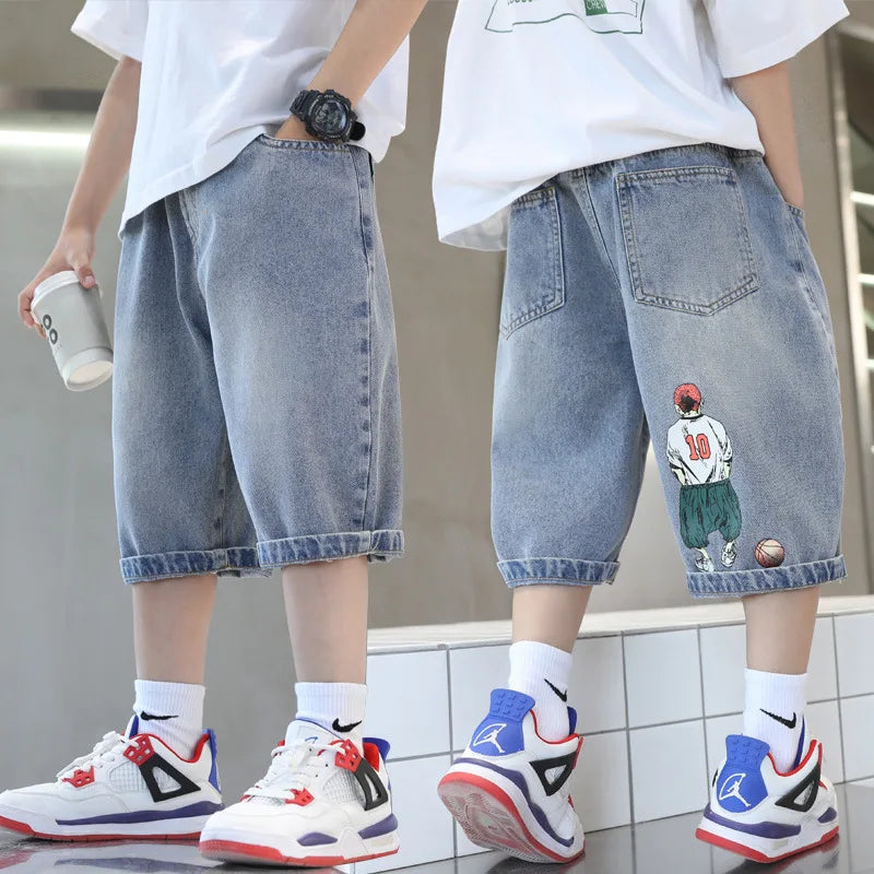 Kids Denim Shorts Teen Boys Casual Knee-Length Jeans Teenage Child Blue Denim With Cartoon Printed Trousers Toddler Ages 4-14Y