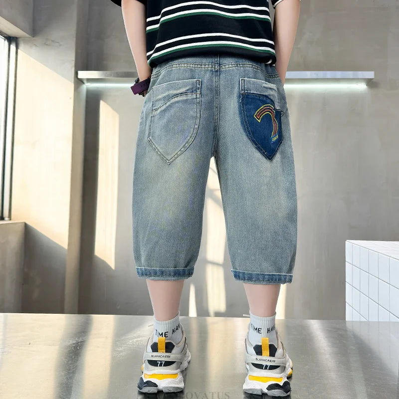 New Summer Kids Denim Shorts with Pockets For Teens Boys Slim Fit Mid-Calf Jeans Pants Teenage Child Causal Capris Shorts 5-14T