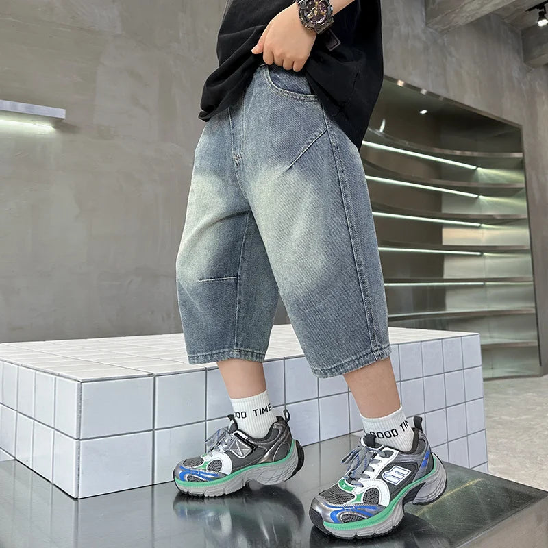New Kids Designer Summer Capris Shorts For Boys Cartoon Print Denim Shorts Jeans Teens Child Casual Mid-Calf Pants Bottoms 5-14Y