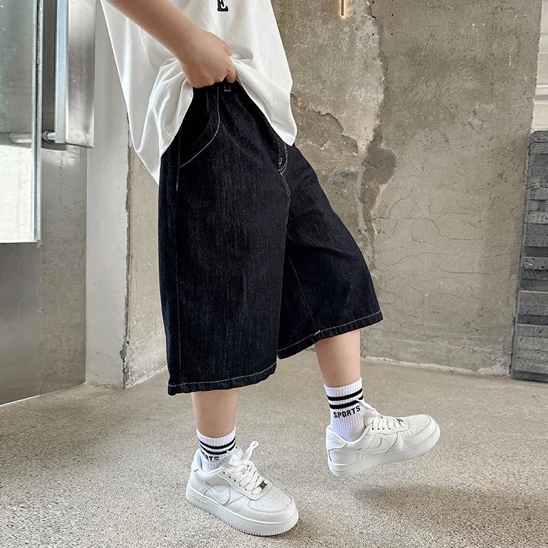 Teenage Child Black Denim With Y2K Fashion Style Trousers Toddler Age 4-14Y Boys Denim Shorts Teen Boys Casual Knee-Length Jeans