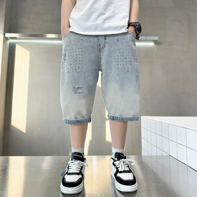 New Summer Kids Denim Shorts with Pockets For Teens Boy Slim Fit Mid-Calf Jeans Pants Teenage Child Causal Ripped Crystal Shorts