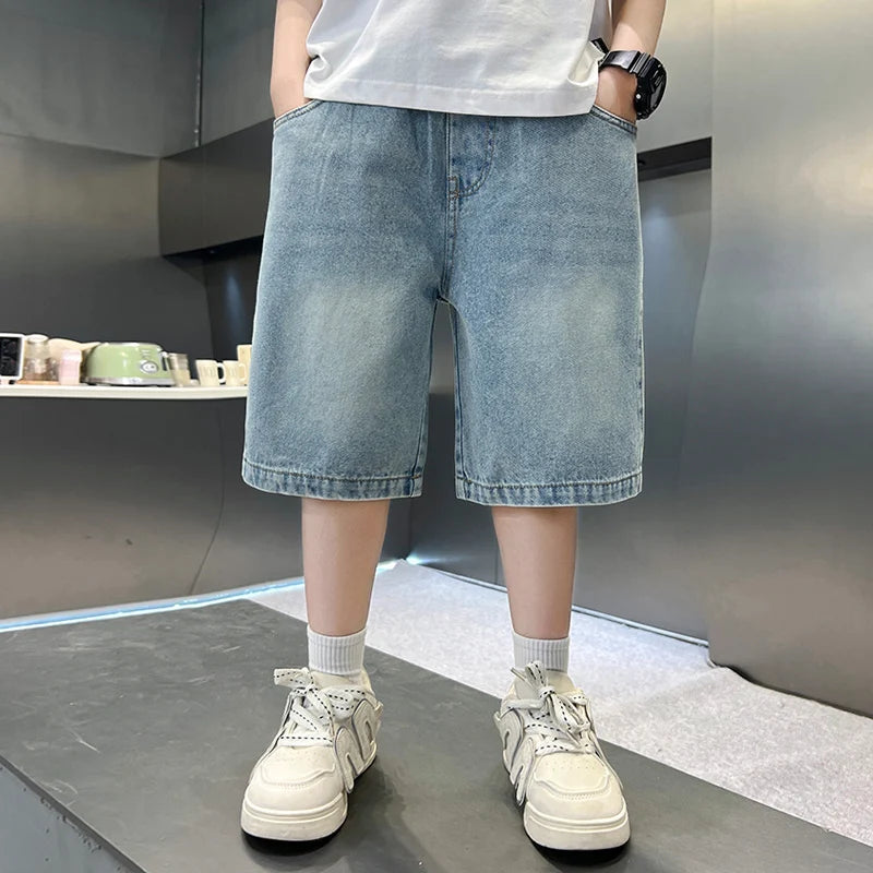 Boys Denim Shorts Teen Boys Casual Knee-Length Jeans Teenage Child Blue Denim With Y2K Fashion Style Trousers Toddler Ages 4-14Y