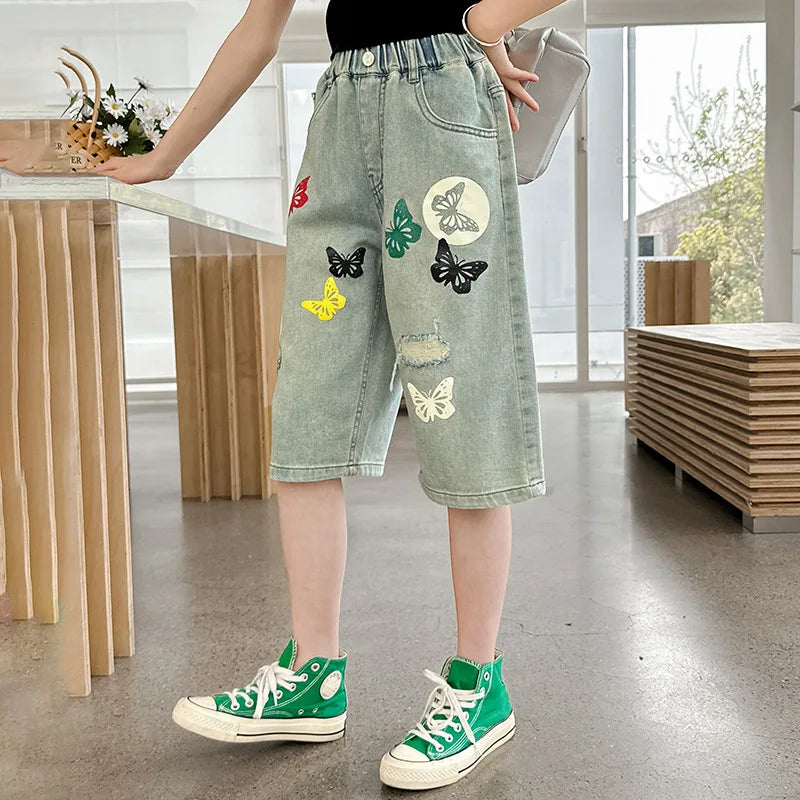 Kids Summer Denim Shorts with Butterfly Printing for Teens Girl Casual Straight Jeans Capris Tweens Child Mid-Calf Denim Pants