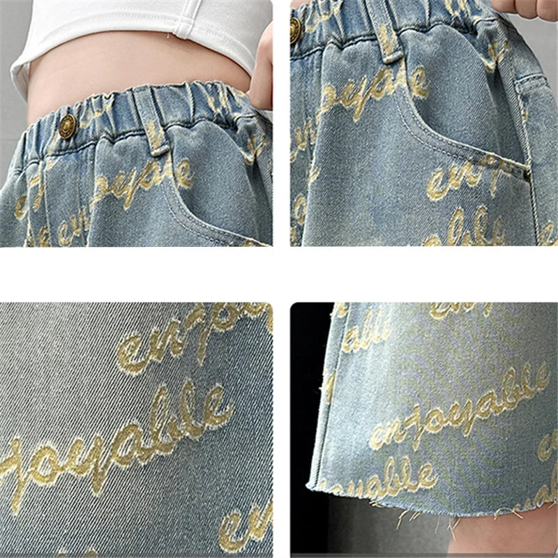 Kids Summer Letter Rippedd Denim Shorts for Teens Girl Loose Luxury Shorts 3d Letter Casual Harajuku Jeans Capris Pants 5-14 Y