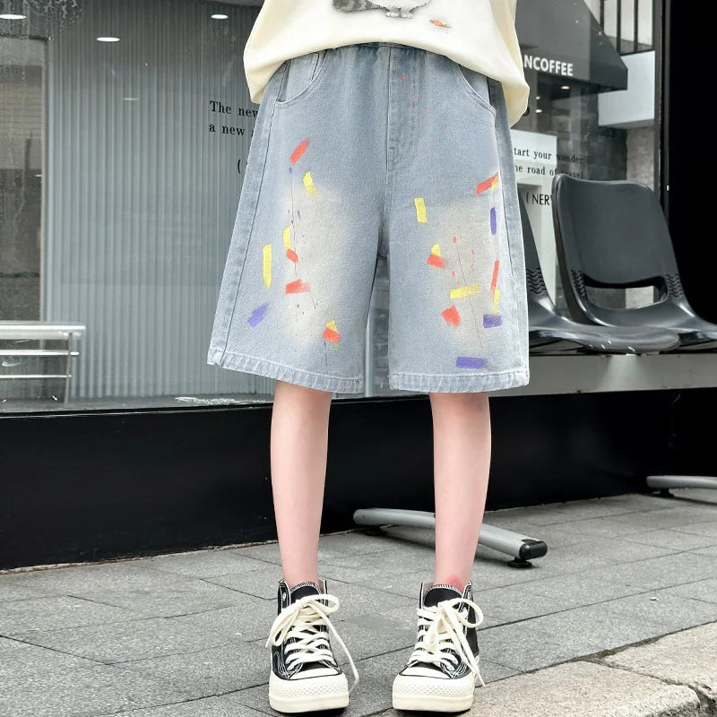 Summer Children Denim Shorts with Drawings for Teen Girl Fashion Printed Knee Length Jeans Capris Age 5 6 7 8 9 10 11 12 13 14 Y