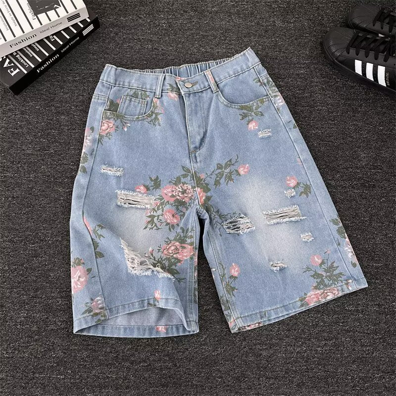 Summer Retro Floral Print Ripped Denim Shorts