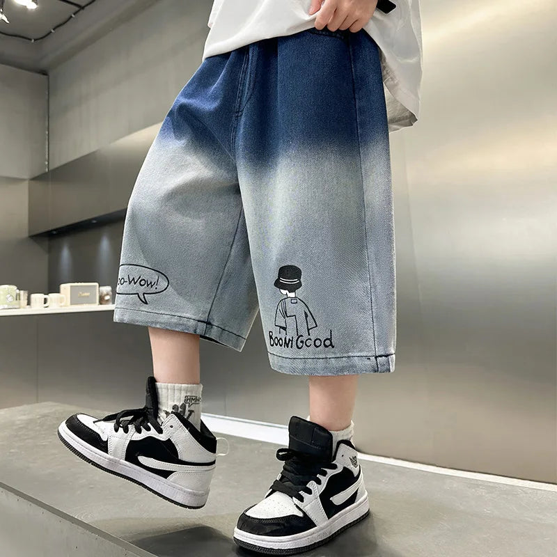 Elegant Kids Summer Blue Gradient Denim Shorts for Teens Boy New Fashion Street Style Knee Length Jeans Shorts 5 7 9 11 13 14 Y