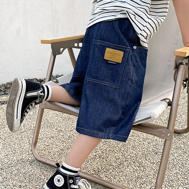 Kids Summer Denim Shorts for Boys 4-14 Years Thin Loose Sports Knee-Length Casual Sweatpants Teenagers Straight Middle Pants