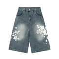High-street Design Lace Print Slimming Wide-leg Cropped Pants