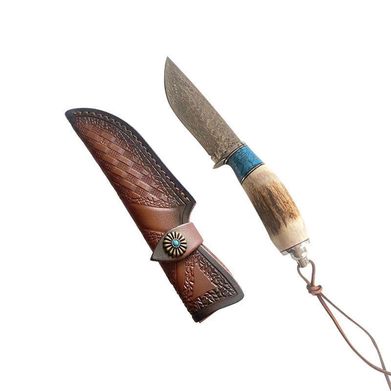 Damascus Steel Straight Knife – Antler & Turquoise Handle Outdoor Knife for Men | Gift Knife