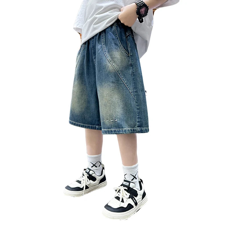Teenage Child Blue Denim With Y2K Fashion Style Trousers Toddler Ages 4-14Y Boys Denim Shorts Teen Boys Casual Knee-Length Jeans