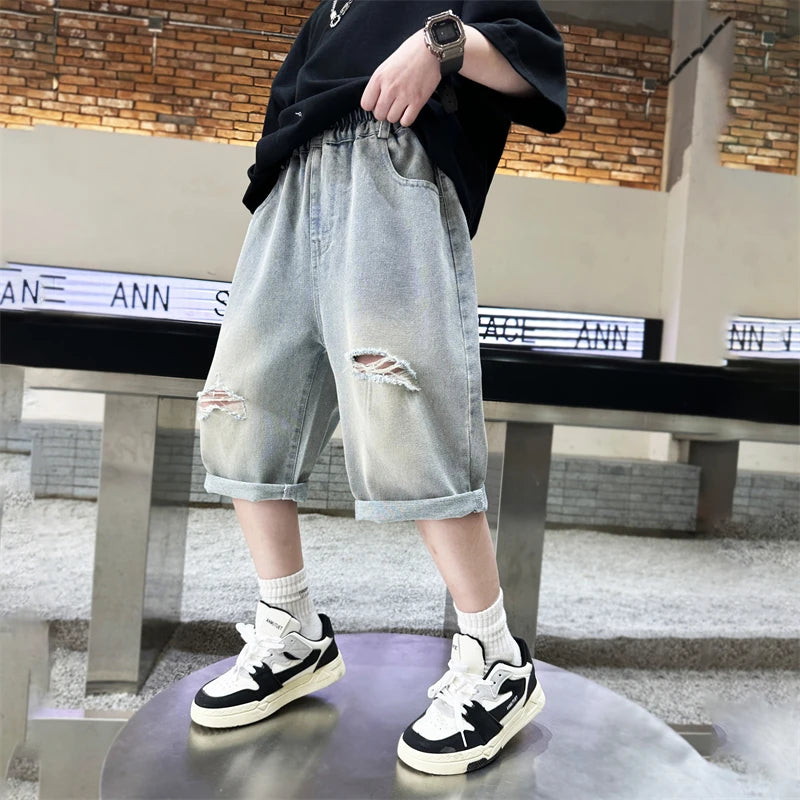 New Summer Kids Child Ripped Denim Shorts With Cartoon Print For Teens Boys Fashion Casual Broken Jeans Capris Pants with Holes