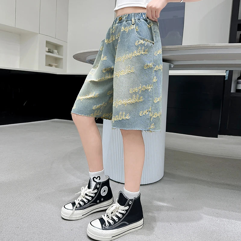 Kids Summer Letter Rippedd Denim Shorts for Teens Girl Loose Luxury Shorts 3d Letter Casual Harajuku Jeans Capris Pants 5-14 Y
